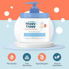Happy Cappy moisturizing cream being applied to baby's cheek for soothing relief.
