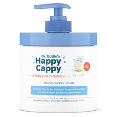 Happy Cappy moisturizing cream bottle front for gentle daily baby skin care.