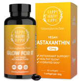 Happy Healthy Hippie astaxanthin bottle highlighting skin hydration benefits
