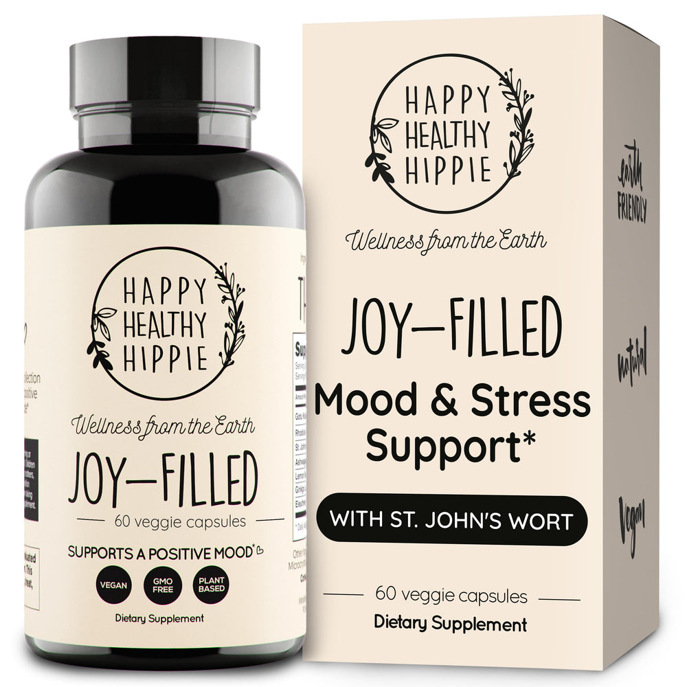 Happy Healthy Hippie Joy-Filled mood supplement bottle promotes calm and focus.
