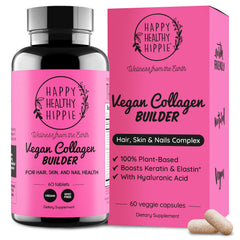 Happy Healthy Hippie vegan collagen builder bottle front supports daily beauty routine.