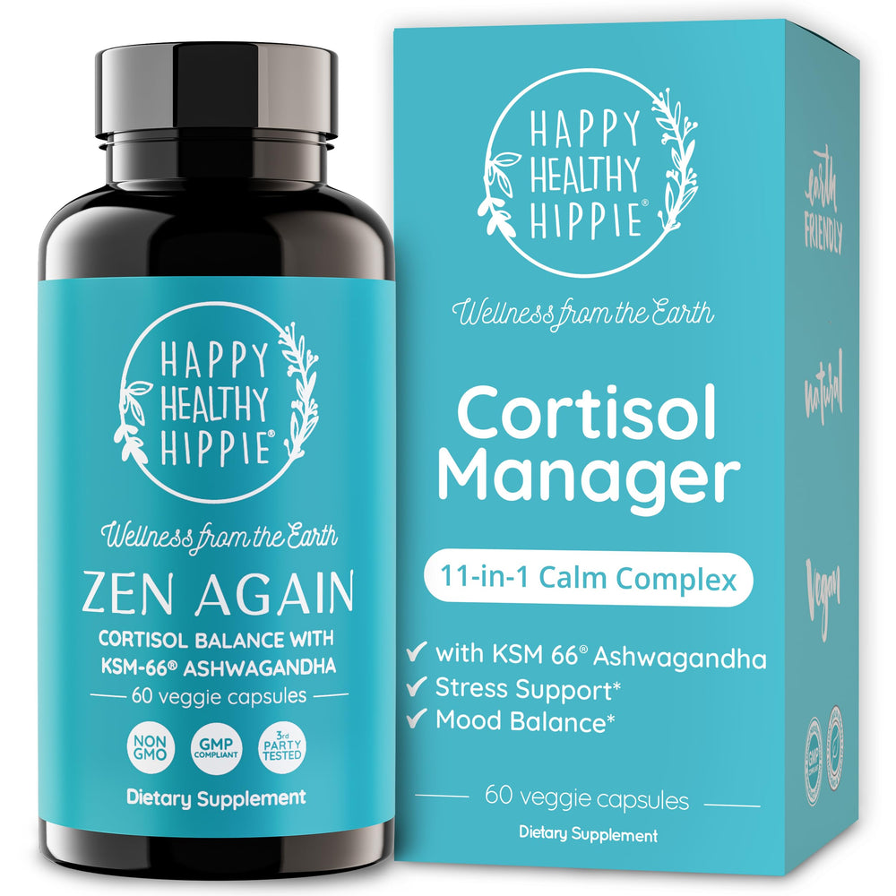 Happy Healthy Hippie Zen Again capsule bottle ready for daily stress support