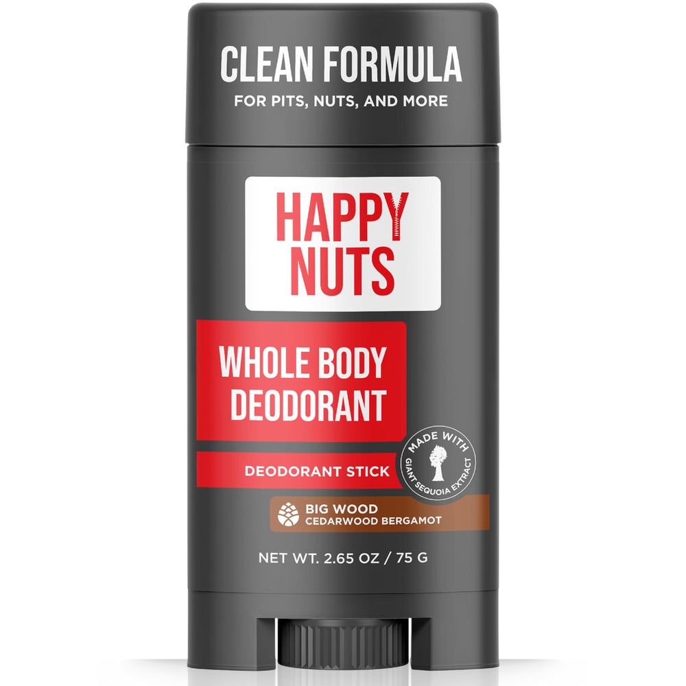 Happy Nuts Whole Body Deodorant in Big Wood scent offering all-day freshness.