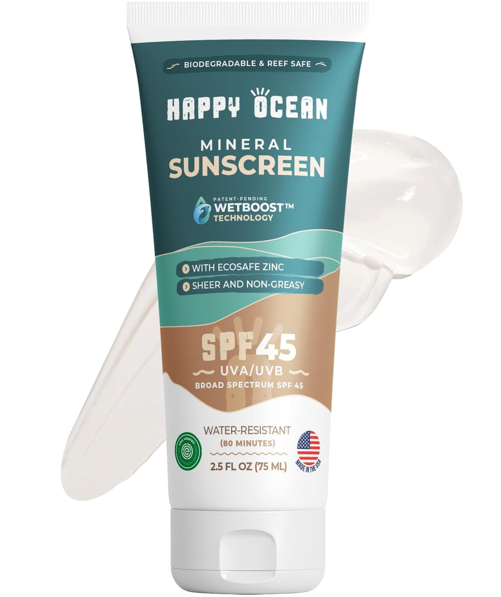 Happy Ocean reef safe sunscreen SPF 45 bottle front showing travel-friendly daily sun protection.