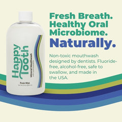 Happy Tooth mouthwash bottle label close-up emphasizes fluoride-free remineralization for families