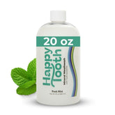 Happy Tooth mouthwash bottle being poured, highlighting enamel-friendly care and fresh breath potential