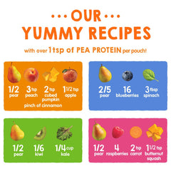 Happy Tot fiber-protein pouches highlight fruit and veggie blends.