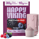 Happy Viking Berry Parfait protein powder scoop beside berries for balanced energy.