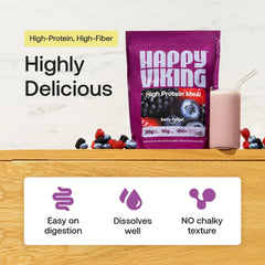 Happy Viking plant-based protein blend shown in a scoop with oats.