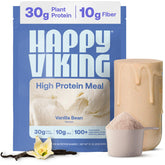 Happy Viking plant-based protein powder vanilla tub supports daily muscle recovery and steady energy.
