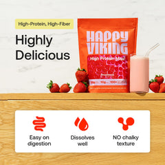 Happy Viking plant-based protein shake glass with creamy strawberry texture.