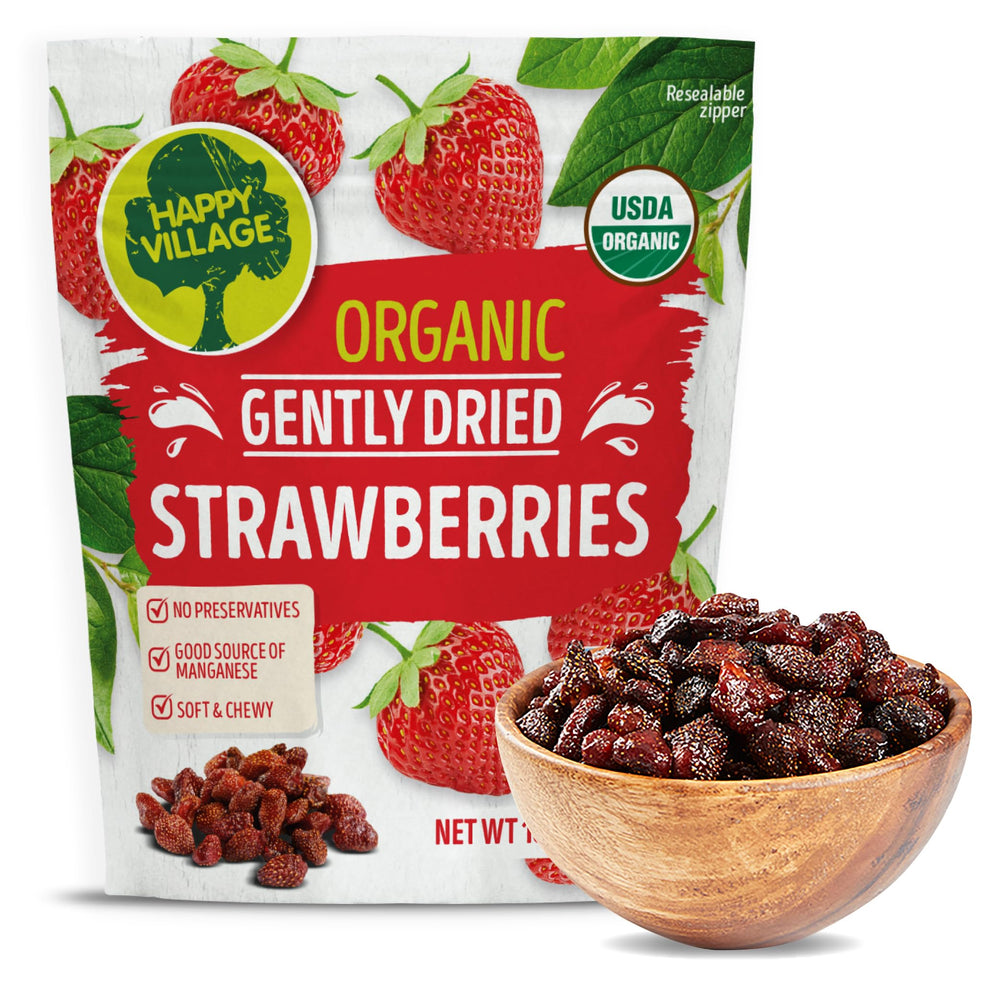 Happy Village organic dried strawberries in a resealable bag, ready for snacking