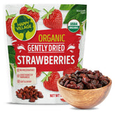 Happy Village organic dried strawberries in a resealable bag, ready for snacking