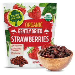 Happy Village organic dried strawberries in a resealable bag, ready for snacking