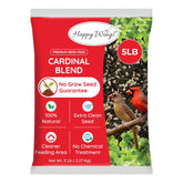 Happy Wings Cardinal Blend seeds in a bird feeder attract multiple songbirds.