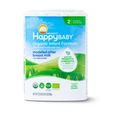 Happy Baby Stage 2 bottle close-up showing milk-based formula for 6–12 months.