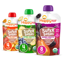 HAPPYTOT Organics Stage 4 pouch with fruit-veggie puree for growing toddlers.