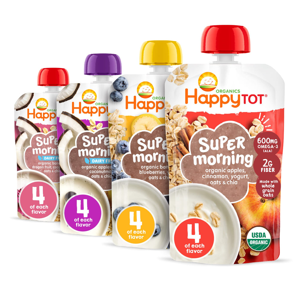 HAPPYTOT Super Morning fruit and oats pouch ready for a quick on the go breakfast