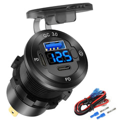 Hapytrip 12V USB car socket front view shows durable aluminum construction for outdoor use.