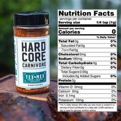 Hardcore Carnivore Tex Mex label closeup highlights gluten-free, no MSG benefits.