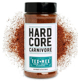 Hardcore Carnivore Tex Mex taco seasoning jar boosts beef flavor for tacos.