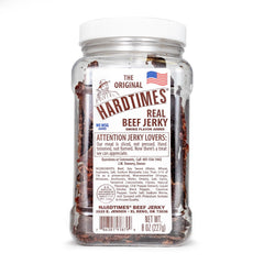 Hardtimes Original Jerky jar label shows classic flavor, portable protein.