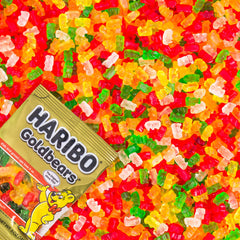 Haribo Goldbears original 10 oz bag, side view, colorful variety on display.