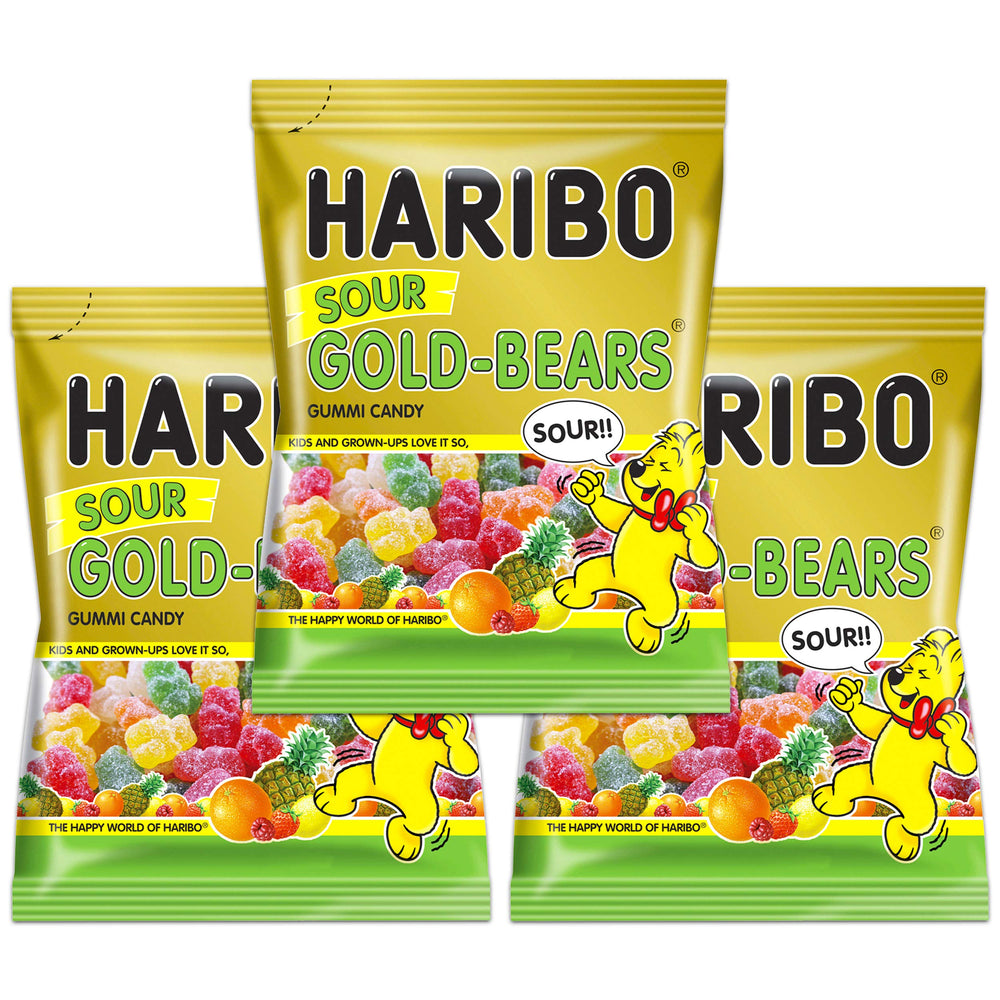 Haribo Sour Goldbears bag 1 displaying tangy candy, perfect for sharing and dessert topping.