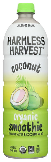 Harmless Harvest coconut smoothie original bottle shows creamy texture for easy sipping.