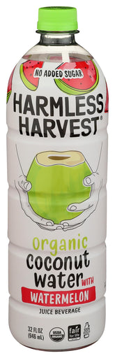 Harmless Harvest coconut water with watermelon bottle offers crisp hydration for daily refreshment.
