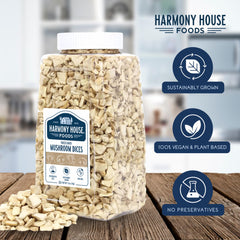 Close-up of Harmony House mushroom dices showing crisp freeze-dried texture