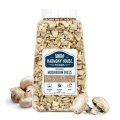Harmony House freeze-dried mushroom dices in quart jar on pantry shelf for long shelf life