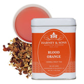Harney and Sons Blood Orange Fruit Tea brew reveals a vivid orange hue and aromatic flavor.