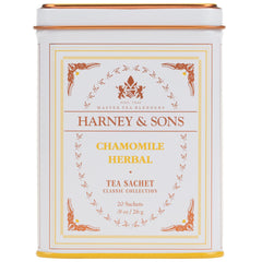 Harney & Sons chamomile tea tin with 20 sachets for a soothing 12-ounce cup.