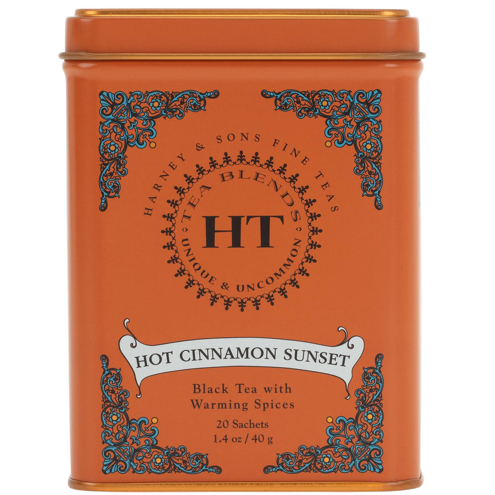 Harney and Sons Hot Cinnamon Sunset tea tin shows bold spice flavor.