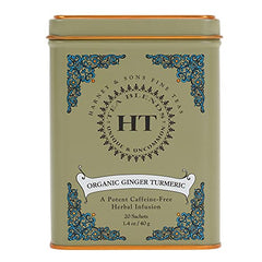 Harney & Sons HT tea bags closeup showing a vibrant ruby brew.