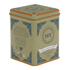 Harney & Sons HT organic ginger turmeric tea sachets in a tin for convenient brewing.
