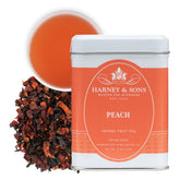 Harney & Sons Peach Fruit Tea iced glass, refreshing caffeine-free summer drink.
