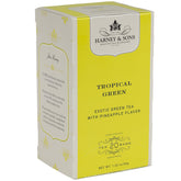 Harney & Sons Tropical Green tea bags in a cup for a bright morning aroma.