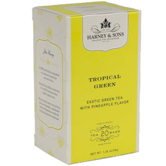 Harney & Sons Tropical Green tea bags in a cup for a bright morning aroma.