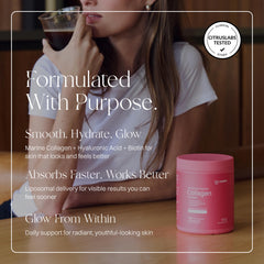 Collagen powder scoop being added to water demonstrates easy dissolution.