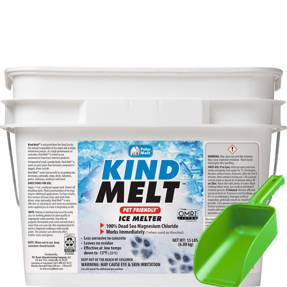 HARRIS Kind Melt pellets in round form, pet-safe ice melt for paw-friendly use.