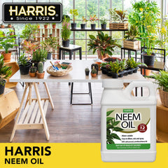 Harris Neem Oil concentrate label emphasizes high neem oil content for strong plant protection.