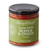 Harry & David Pepper & Onion Relish jar on counter, perfect for burgers and hot dogs.