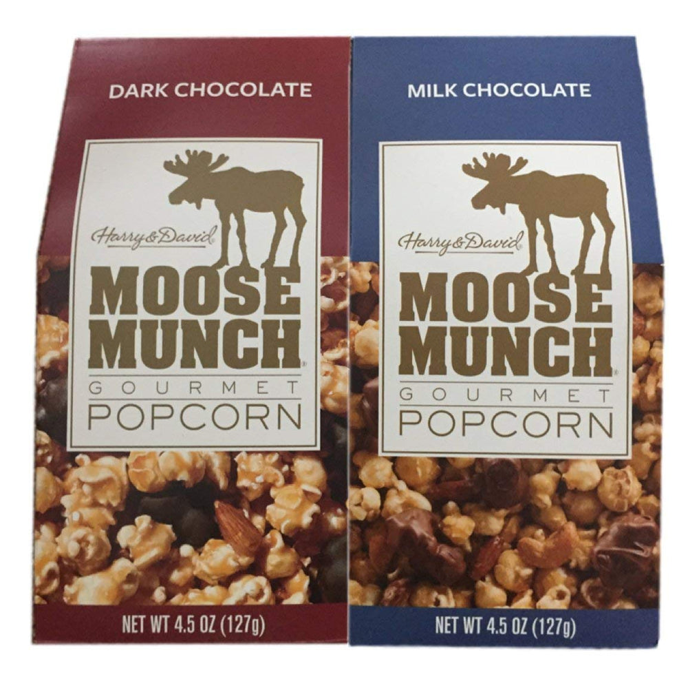 Harry & David Moose Munch dark and milk chocolate popcorn in a gift-ready 2-pack.