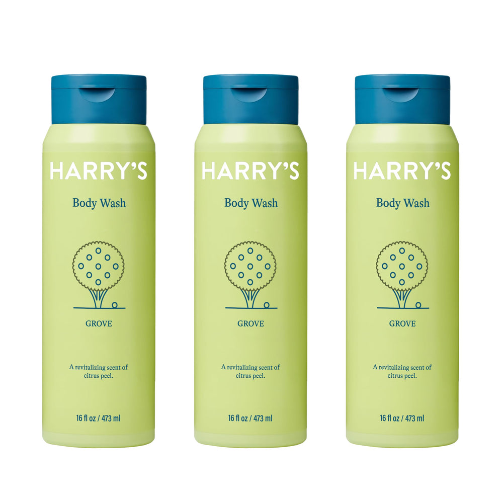 Harry's Grove body wash bottle front view, paraben-free formula.