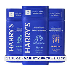 Harry's extra-strength antiperspirant Stone packaging showcases a three-pack for daily use.