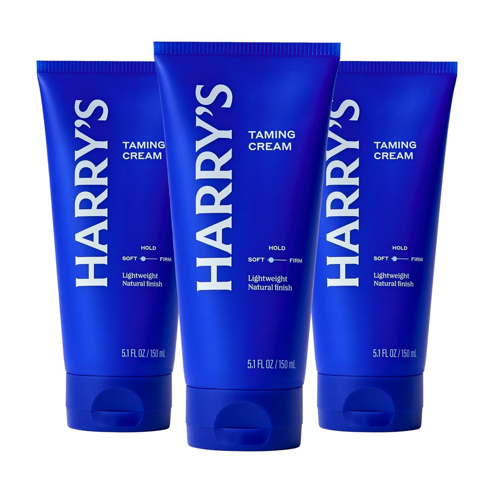 Harry's Hair Taming Cream packaging varies and bottle shot for soft hold and natural finish.