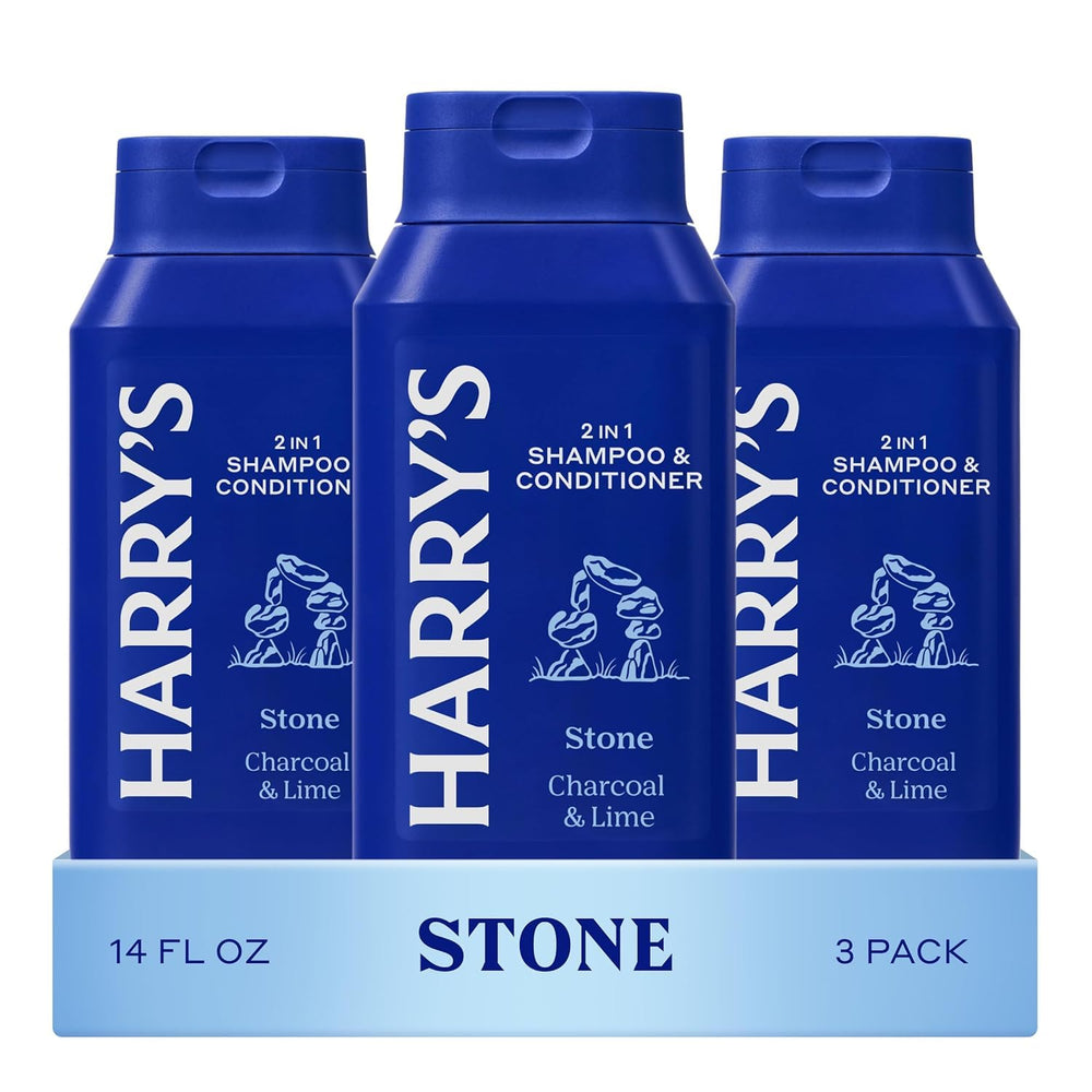 Harry's Stone 2 in 1 bottle front highlights the new scent for daily refresh.