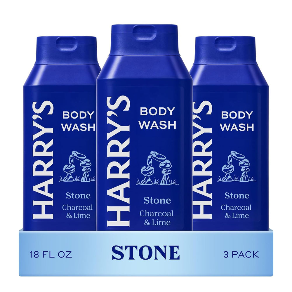 Harry's Stone body wash 3-pack bottles for easy refreshment during busy days.